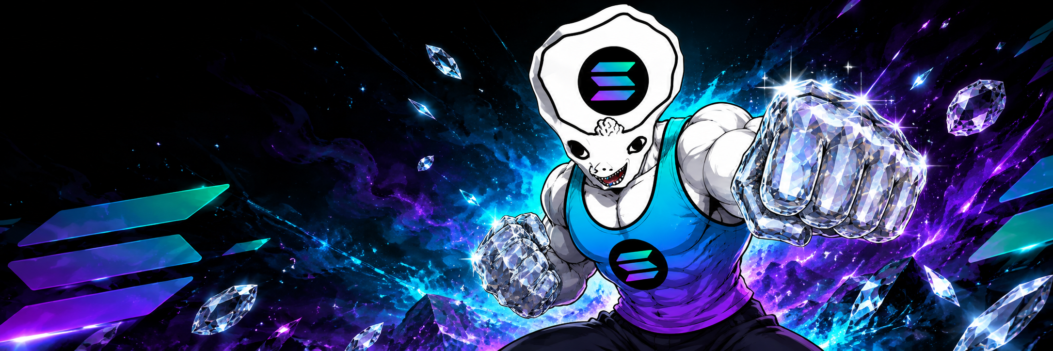 Solana Holder with diamond hands in neon cosmic space